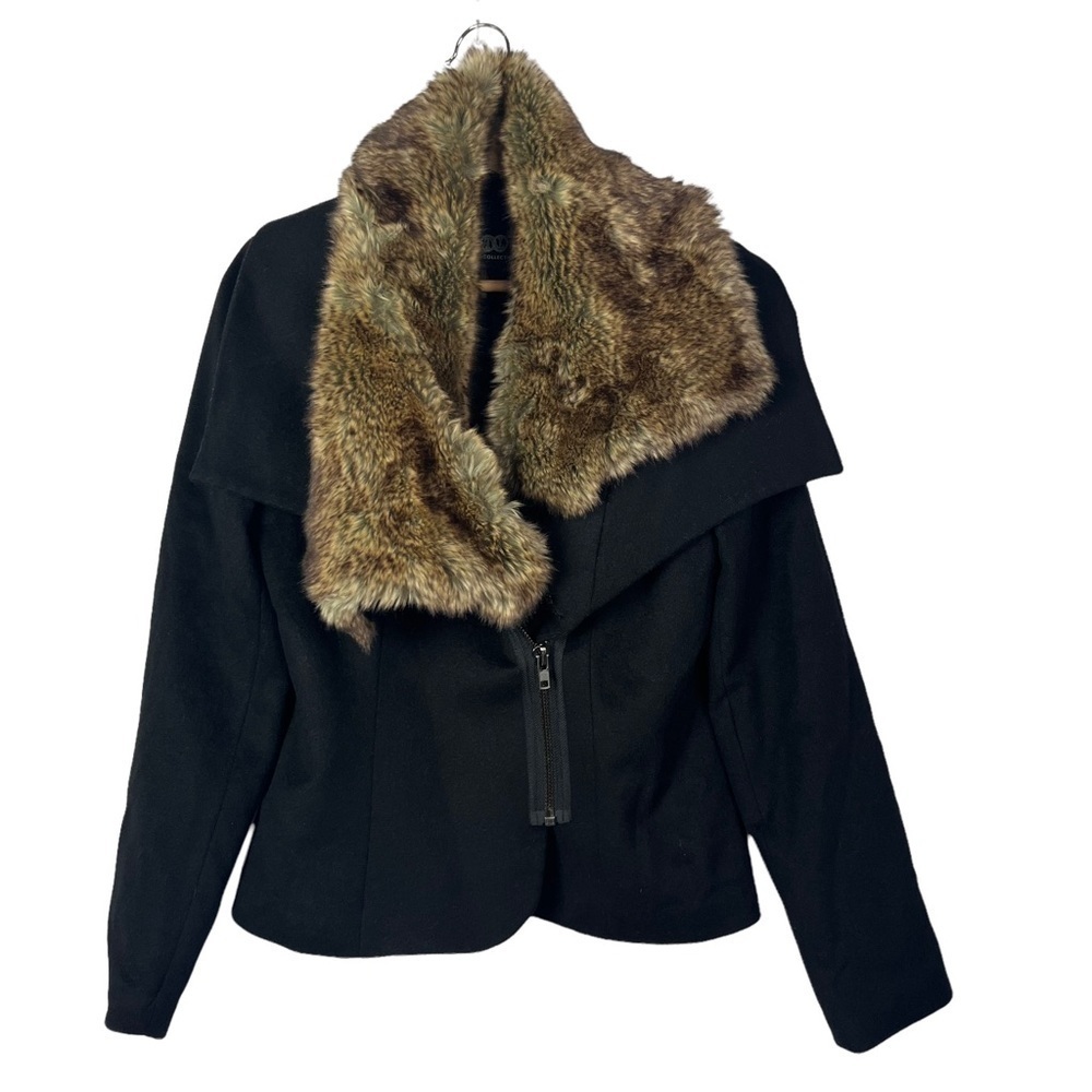 Boutique Tart Collections Black Wool Moto Zip Faux Fur Trim Coat M‎